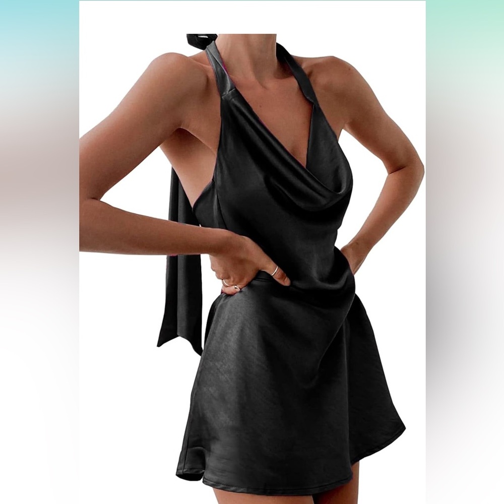 Cantonwalker Women's Cowl Neck Halterneck Slip On Backless Satin Mini Dress -M